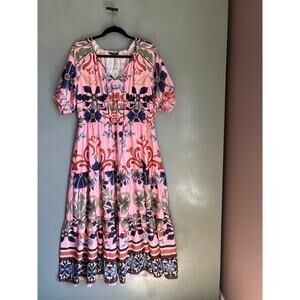 ADOR Women's XL Floral Tiered Maxi Dress Peasant Pink Boho Cottage NWT Whimsical